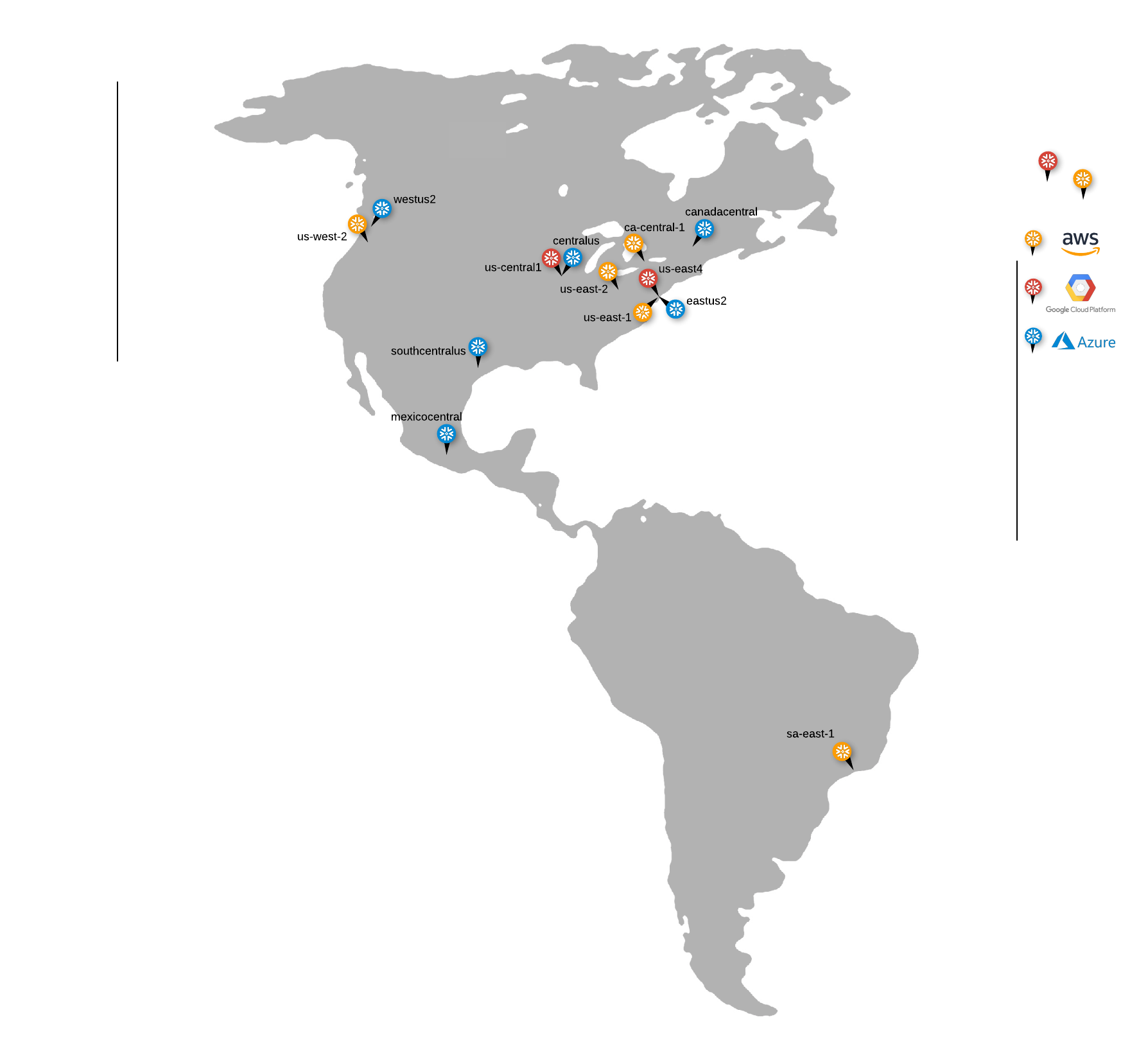 Carte des régions Cloud commerciales d'Amérique du Nord et du Sud prises en charge par Snowflake