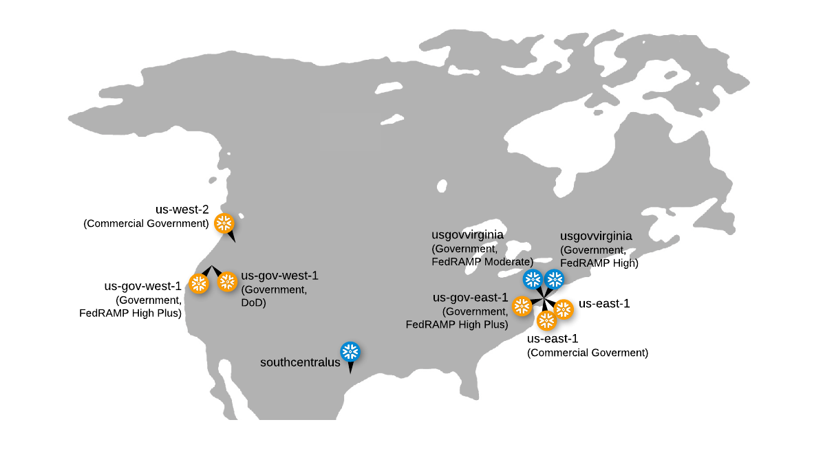 Carte des régions Cloud américaines qui prennent en charge les charges de travail du secteur public/gouvernemental